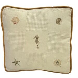 Nautical Beach Coastal Needlepoint Pillow Seahorse Starfish Seashell Sand Dollar